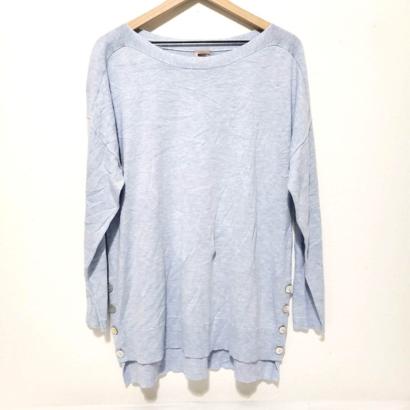 Chicos Boatneck SIZE 2 Medium Blue Lightweight Sweater Button Sides Pullover Top - Picture 1 of 12